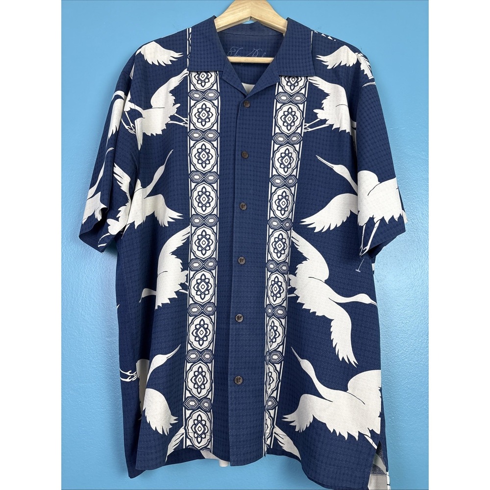 Vintage Tommy Bahama 100% Silk Hawaiian Shirt Geese Large Blue 90s Vacation